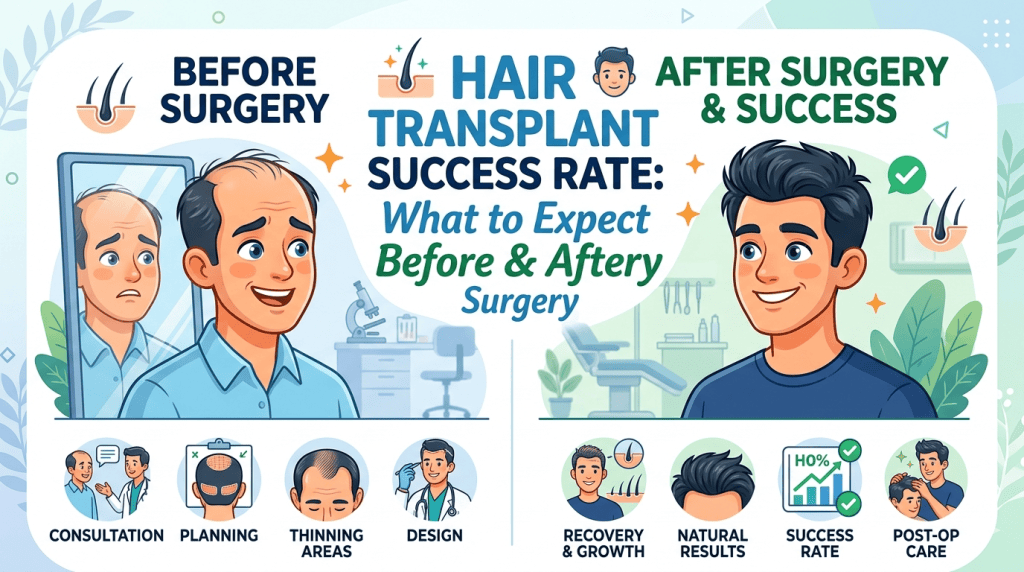 Hair transplant success rate showing before and after results of a successful FUE hair transplant procedure